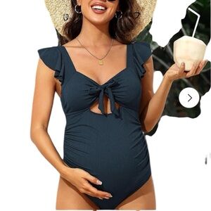 Charmo Ribbed Cut Out Ruched Pregnancy One Piece Swimsuit Ruffles and Ties UPF50